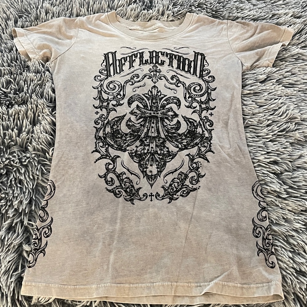 Affliction grey Tee with Black rhinestone Graphic